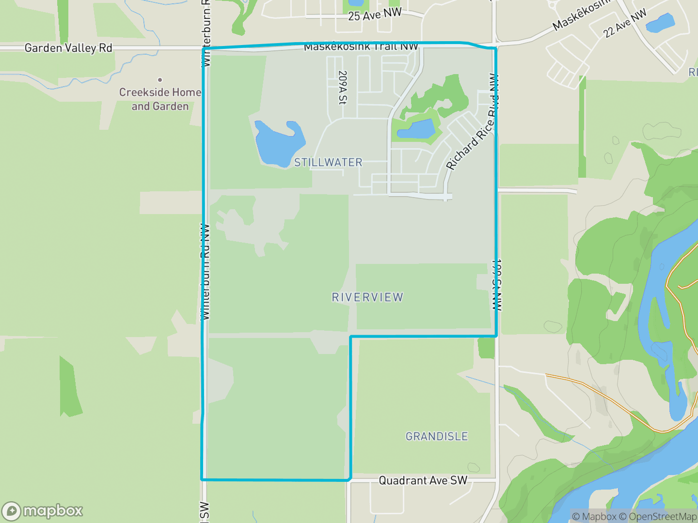 Map of Stillwater, Edmonton — neighbourhood boundary, parks and surrounding streets.