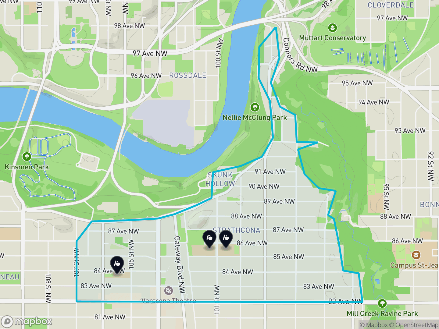 Map of Strathcona, Edmonton — neighbourhood boundary, 3 schools, parks and surrounding streets.