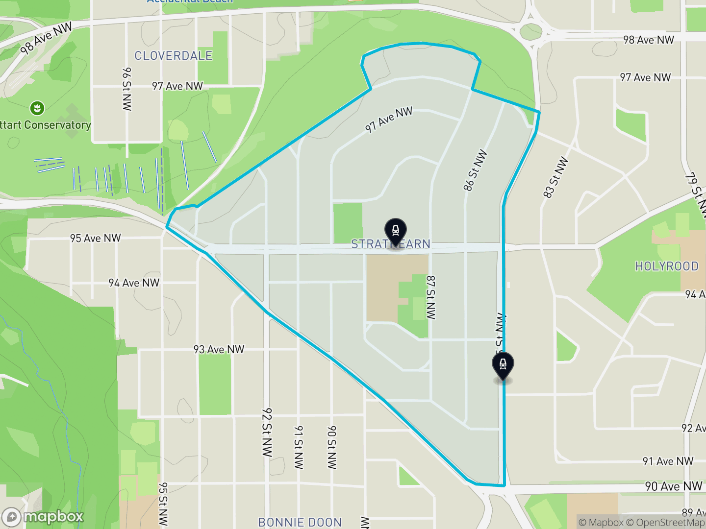 Map of Strathearn, Edmonton — neighbourhood boundary with 2 LRT stations, parks and surrounding streets.