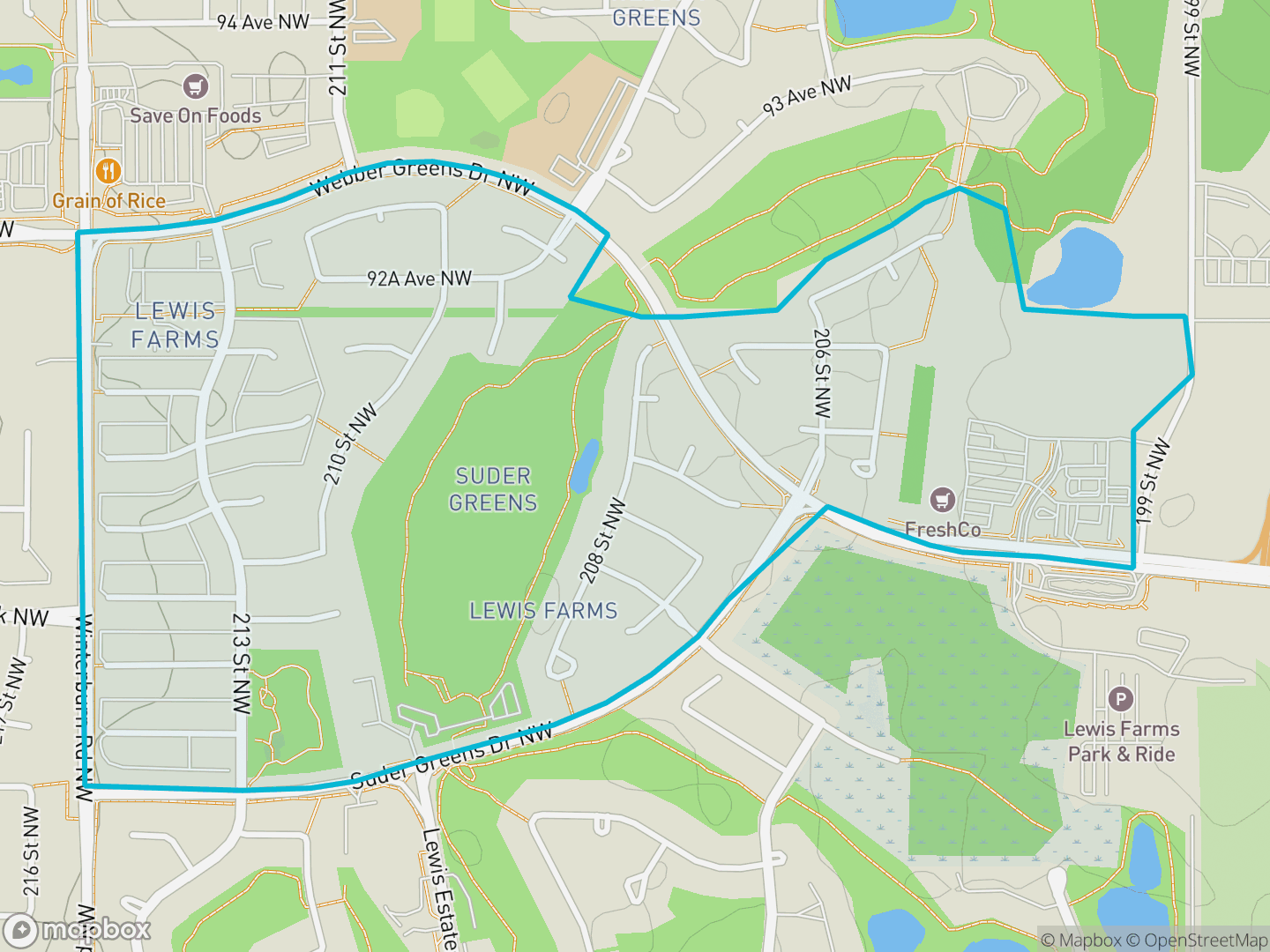 Map of Suder Greens, Edmonton — neighbourhood boundary, parks and surrounding streets.