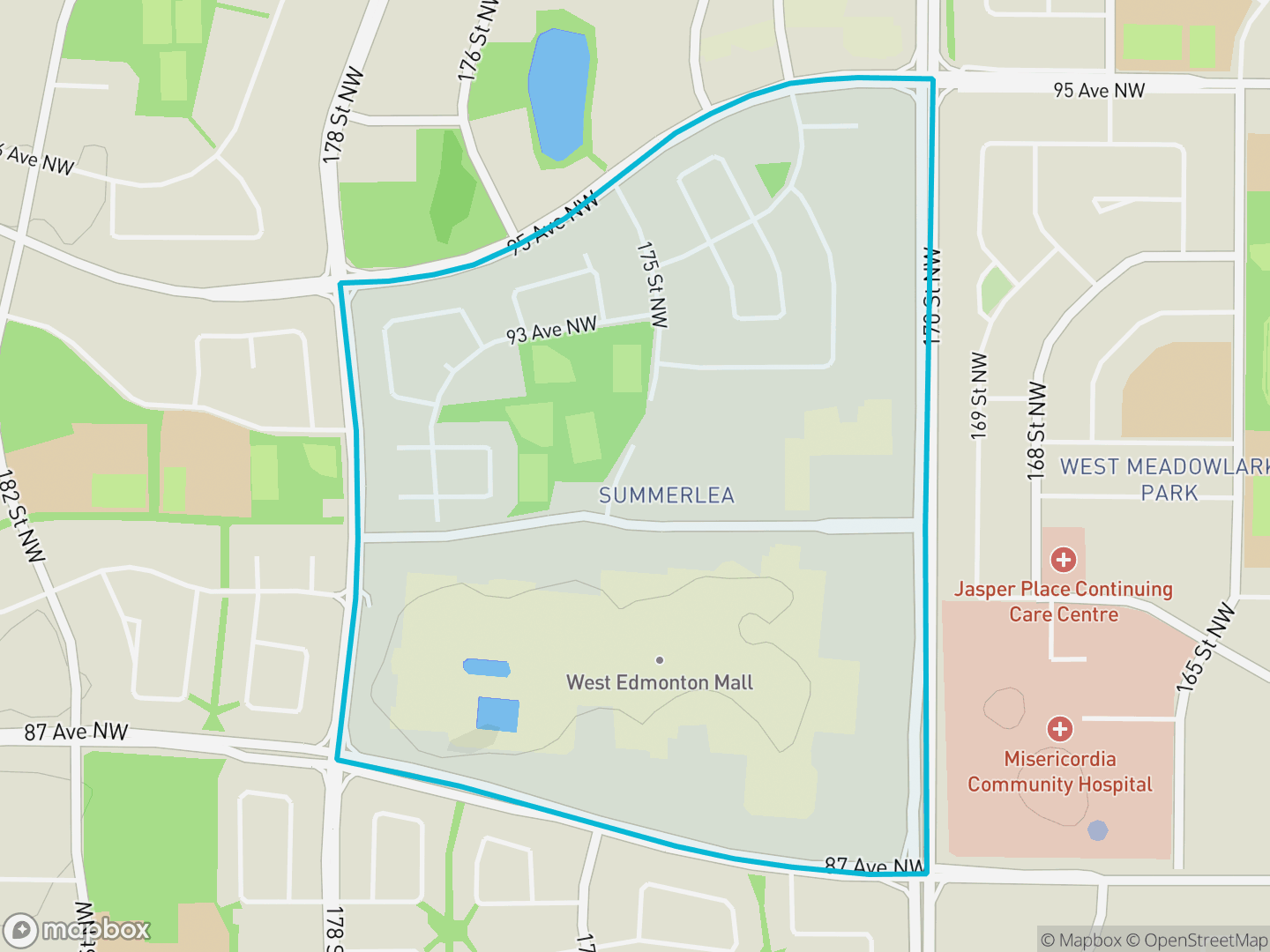 Map of Summerlea, Edmonton — neighbourhood boundary, parks and surrounding streets.