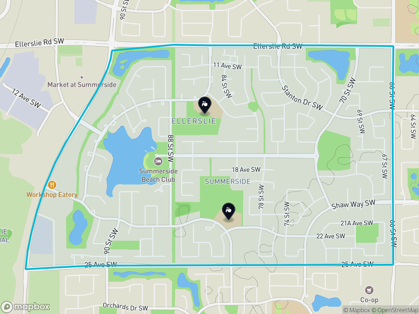 Map of Summerside, Edmonton — neighbourhood boundary, 2 schools, parks and surrounding streets.