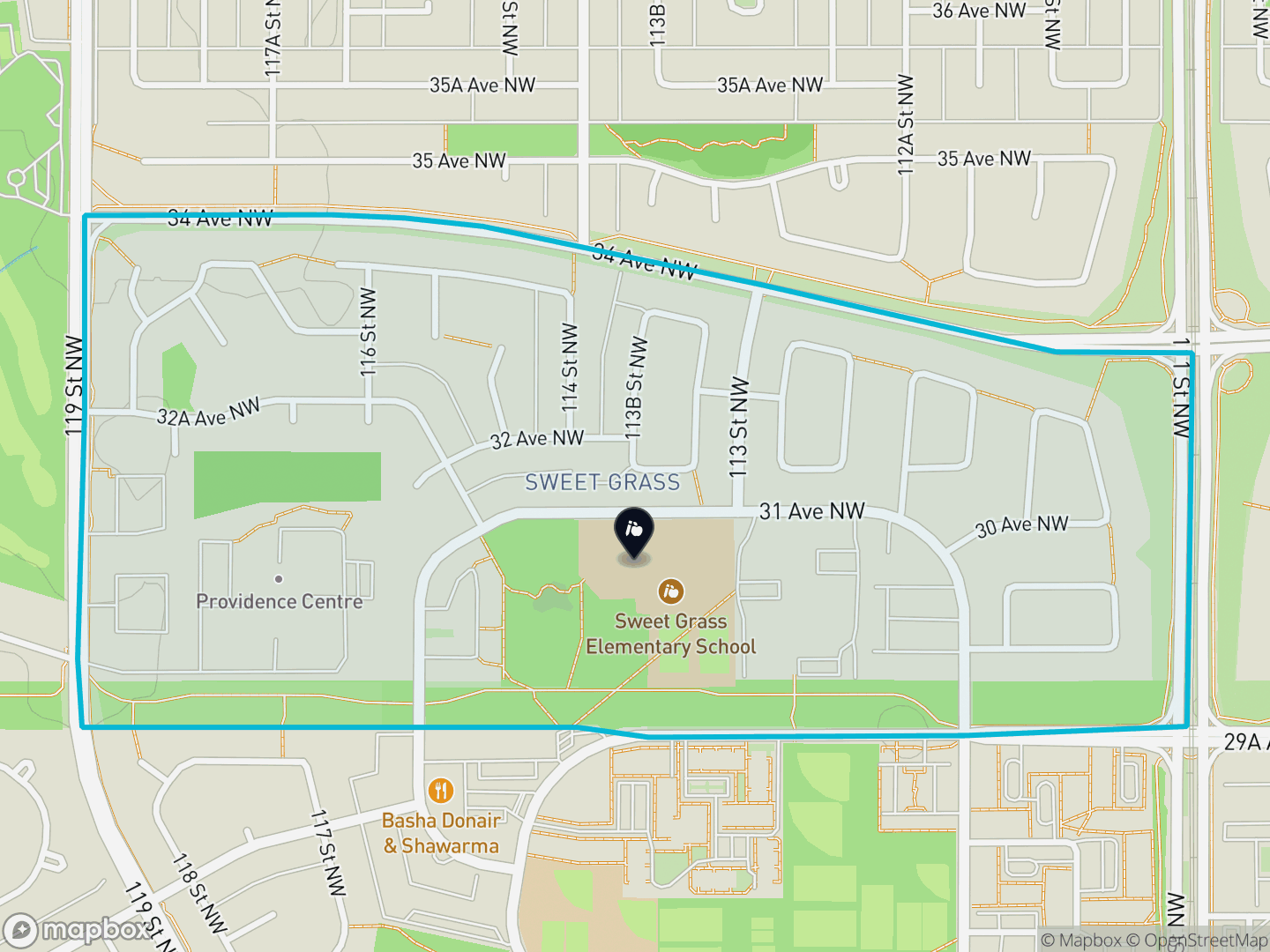 Map of Sweet Grass, Edmonton — neighbourhood boundary, 1 school, parks and surrounding streets.