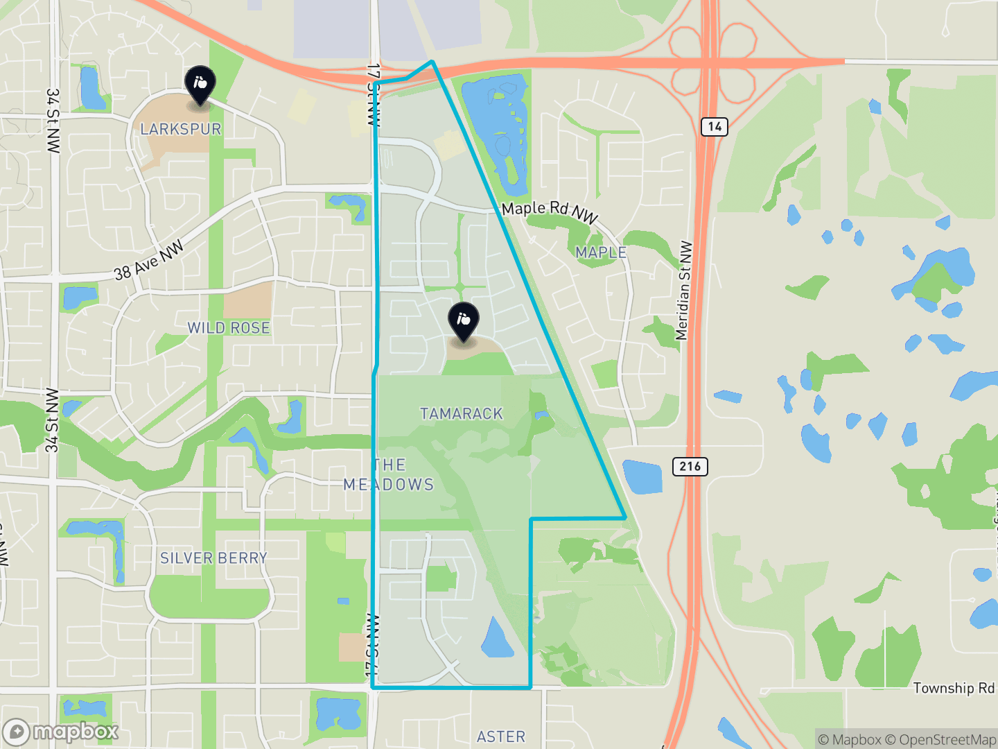 Map of Tamarack, Edmonton — neighbourhood boundary, 2 schools, parks and surrounding streets.