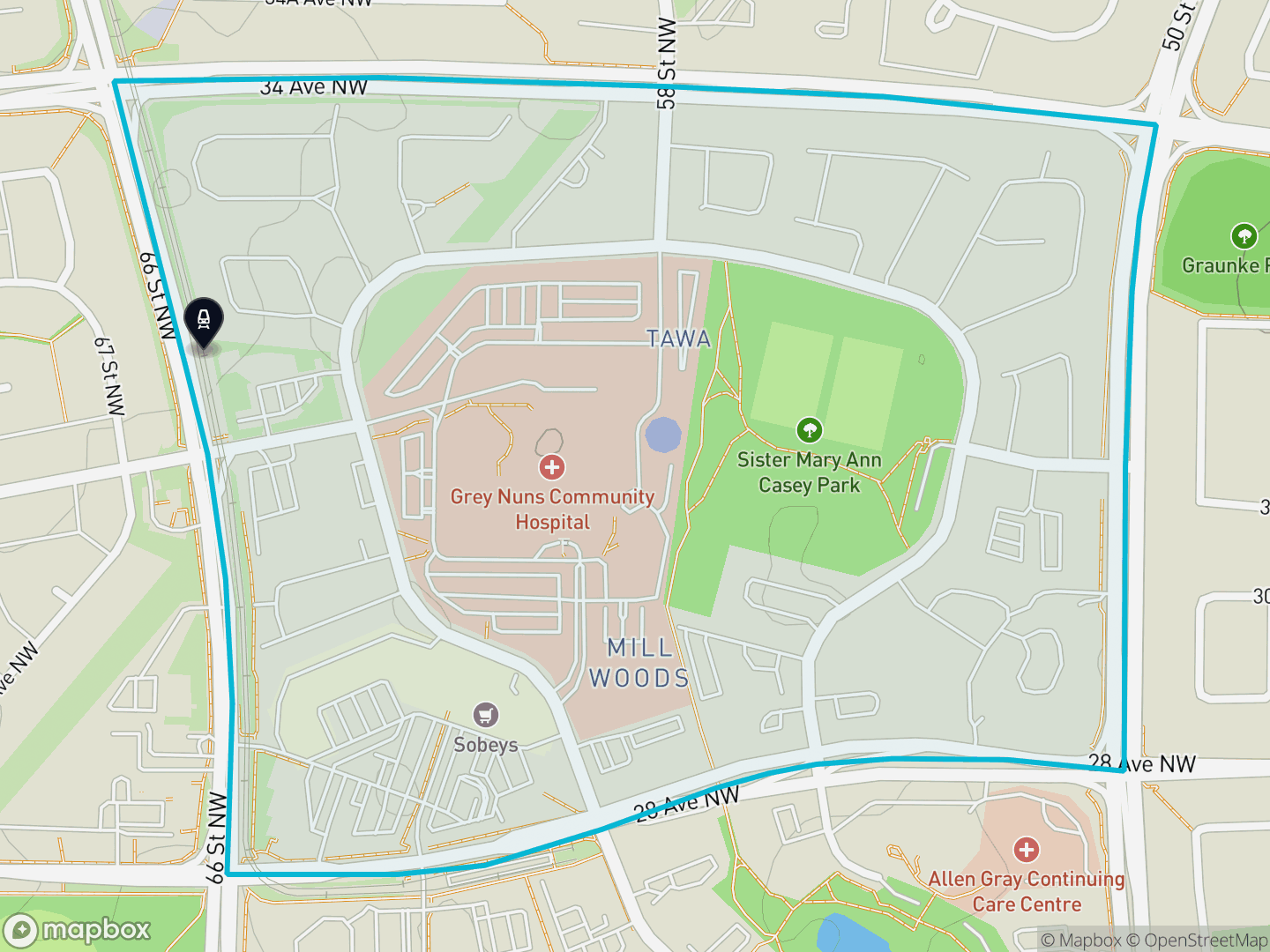 Map of Tawa, Edmonton — neighbourhood boundary with 1 LRT station, parks and surrounding streets.