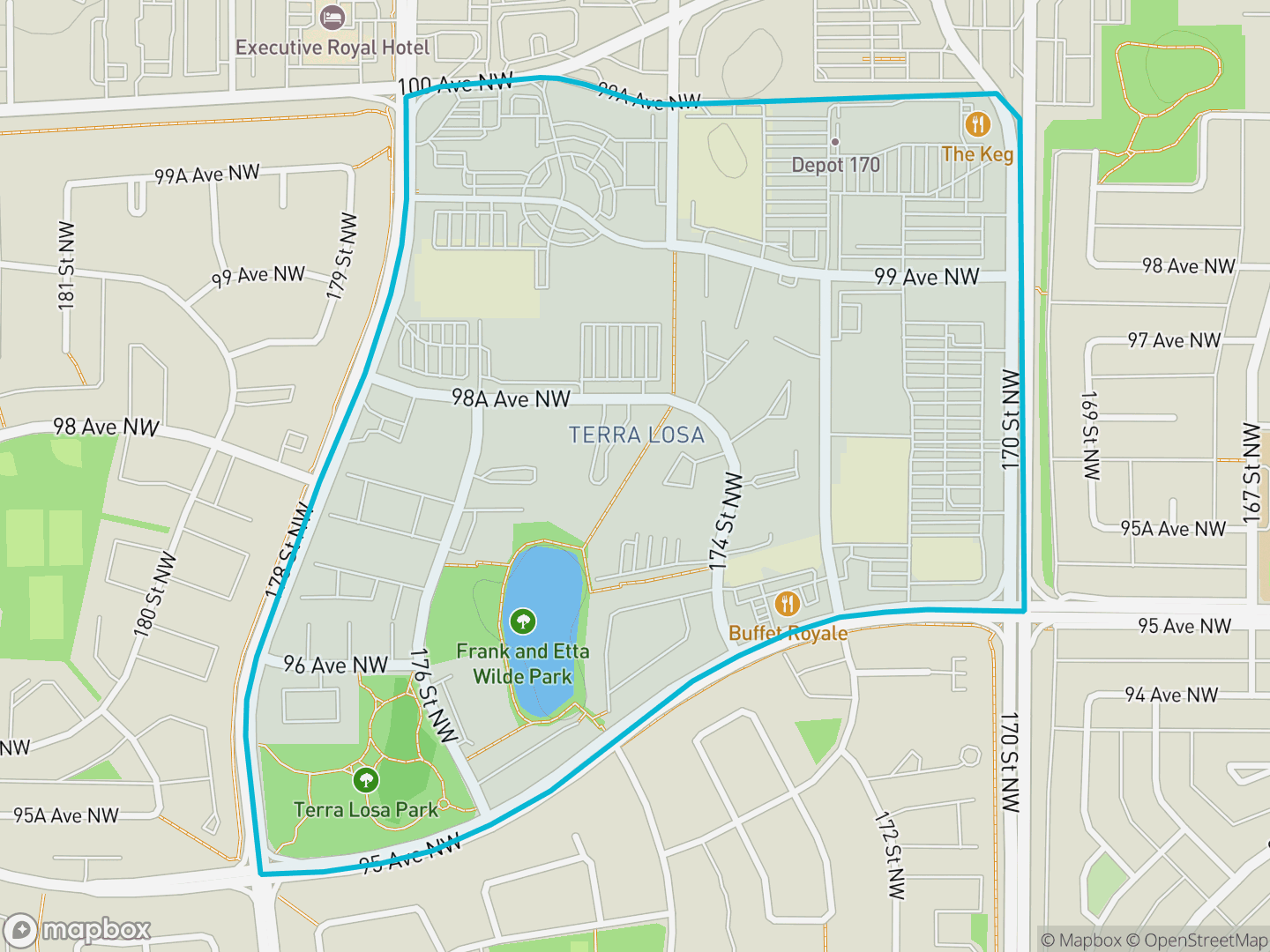 Map of Terra Losa, Edmonton — neighbourhood boundary, parks and surrounding streets.