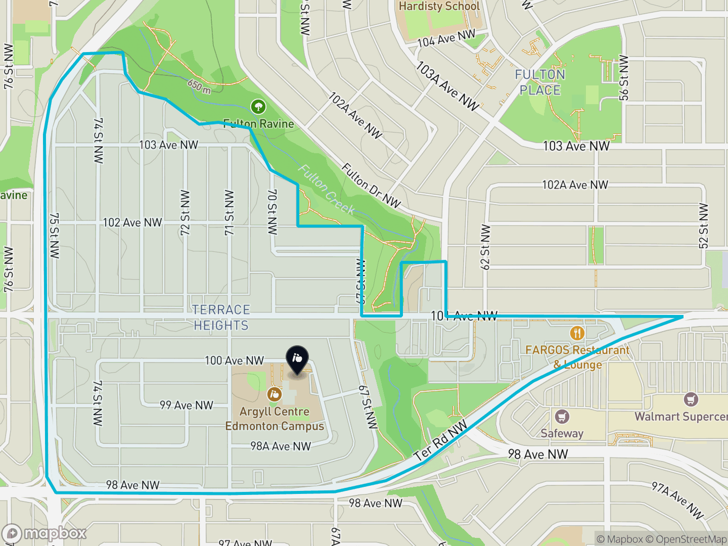 Map of Terrace Heights, Edmonton — neighbourhood boundary, 1 school, parks and surrounding streets.