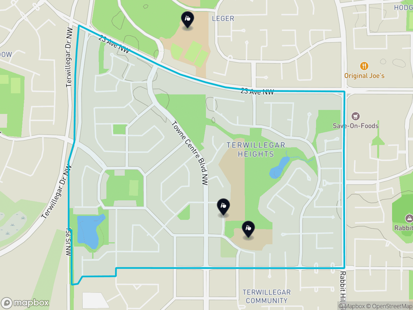 Map of Terwillegar Towne, Edmonton — neighbourhood boundary, 3 schools, parks and surrounding streets.