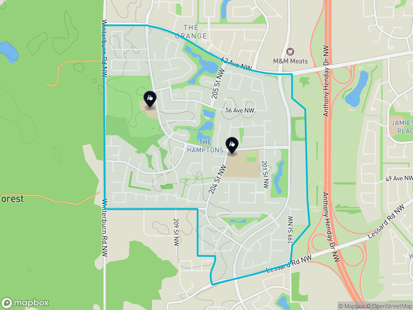 Map of The Hamptons, Edmonton — neighbourhood boundary, 2 schools, parks and surrounding streets.