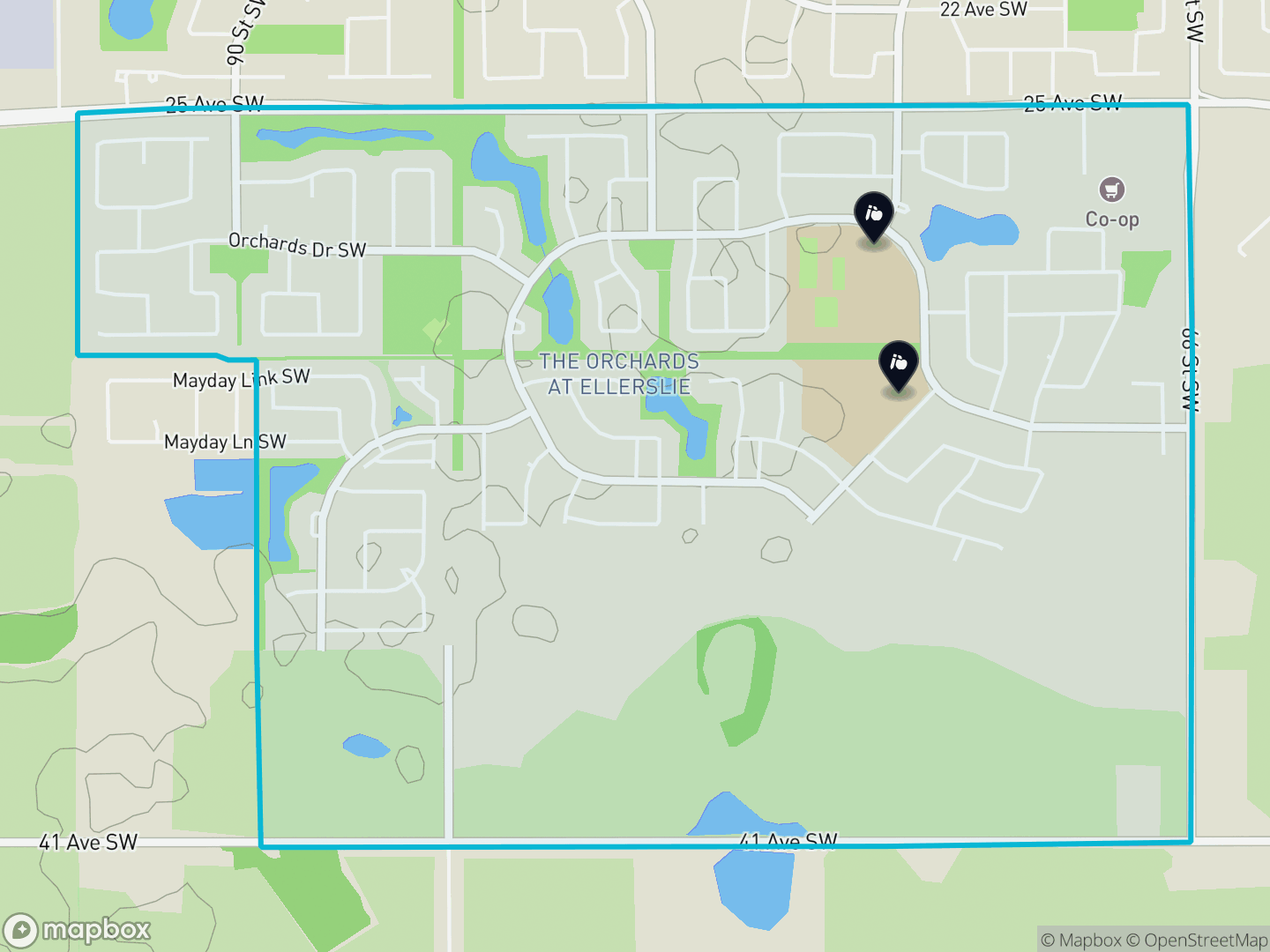 Map of The Orchards At Ellerslie, Edmonton — neighbourhood boundary, 2 schools, parks and surrounding streets.