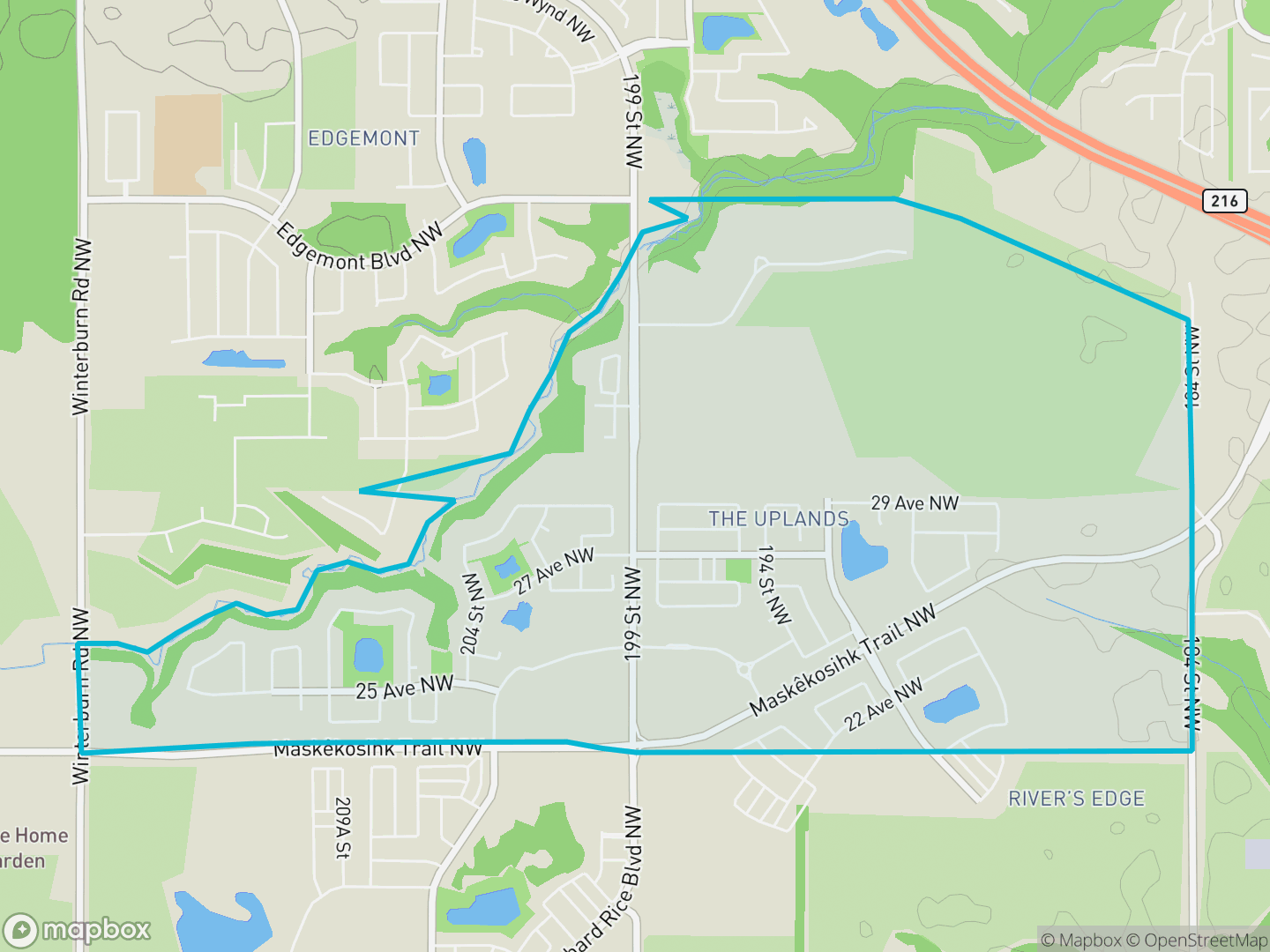 Map of The Uplands, Edmonton — neighbourhood boundary, parks and surrounding streets.