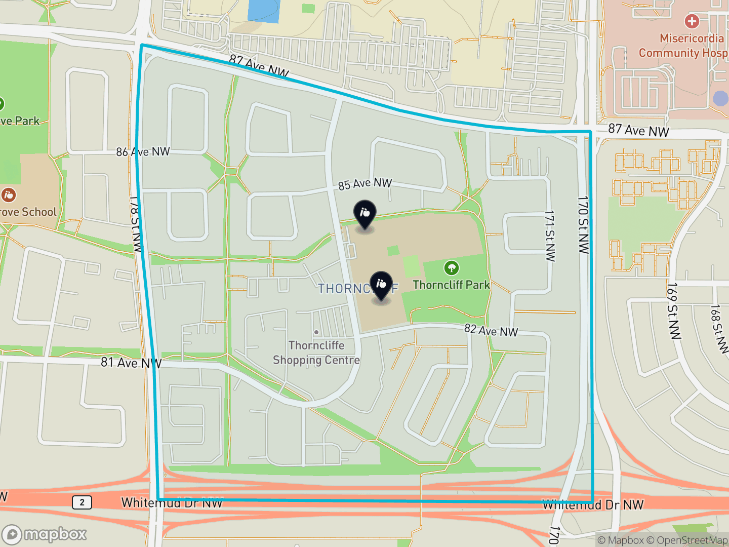 Map of Thorncliff, Edmonton — neighbourhood boundary, 2 schools, parks and surrounding streets.