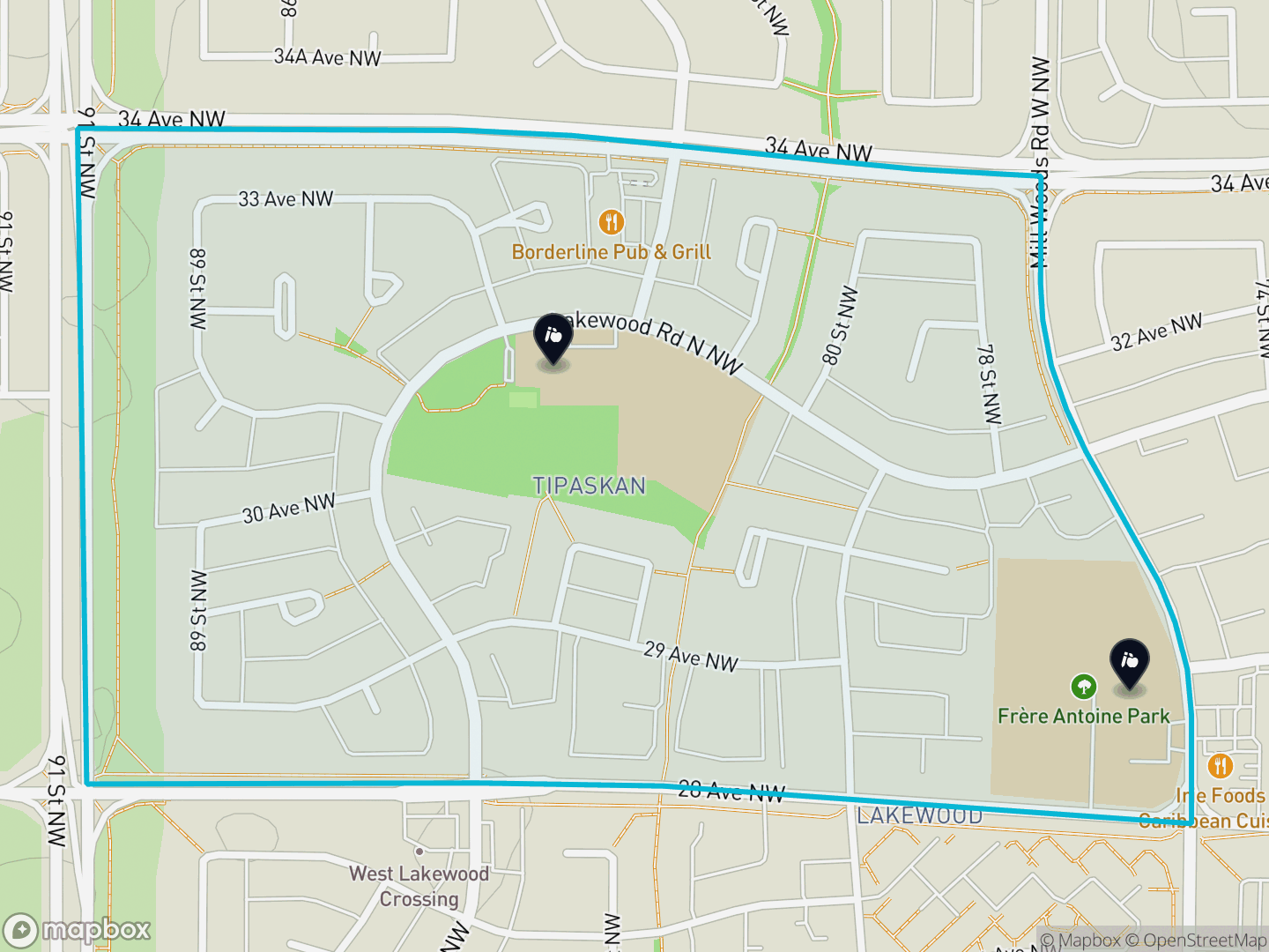 Map of Tipaskan, Edmonton — neighbourhood boundary, 2 schools, parks and surrounding streets.