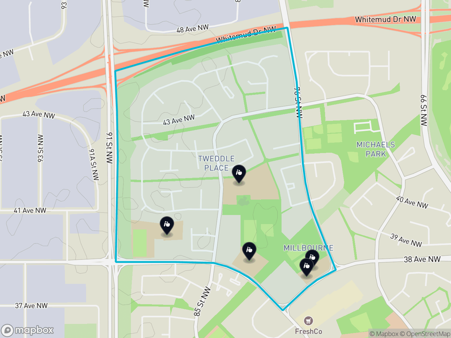 Map of Tweddle Place, Edmonton — neighbourhood boundary, 5 schools, parks and surrounding streets.