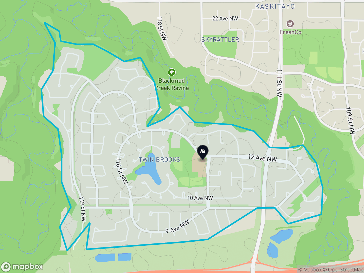 Map of Twin Brooks, Edmonton — neighbourhood boundary, 1 school, parks and surrounding streets.