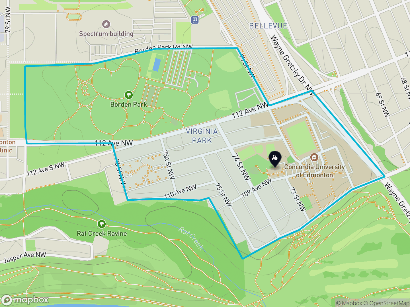 Map of Virginia Park, Edmonton — neighbourhood boundary, 1 school, parks and surrounding streets.