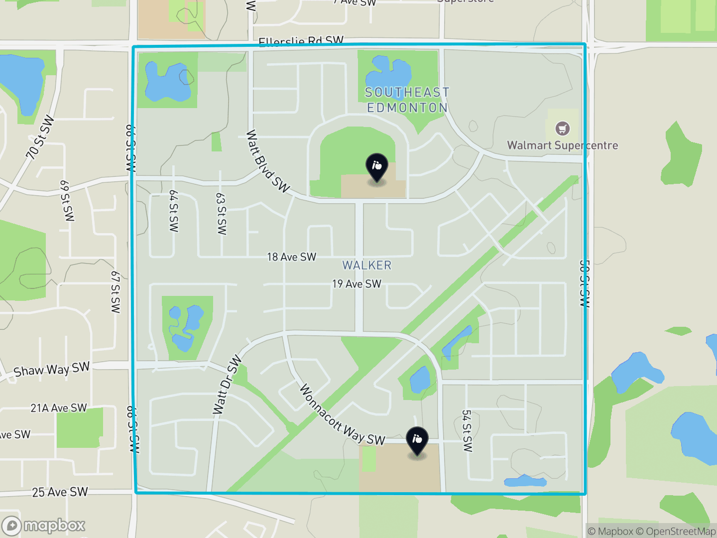 Map of Walker, Edmonton — neighbourhood boundary, 2 schools, parks and surrounding streets.