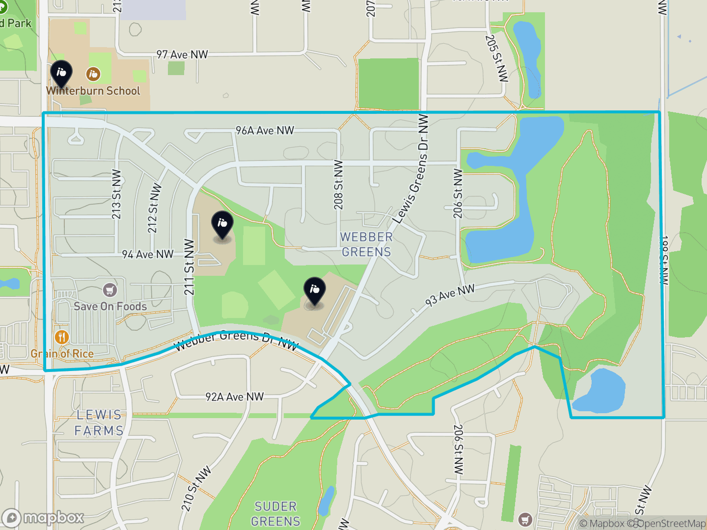 Map of Webber Greens, Edmonton — neighbourhood boundary, 3 schools, parks and surrounding streets.