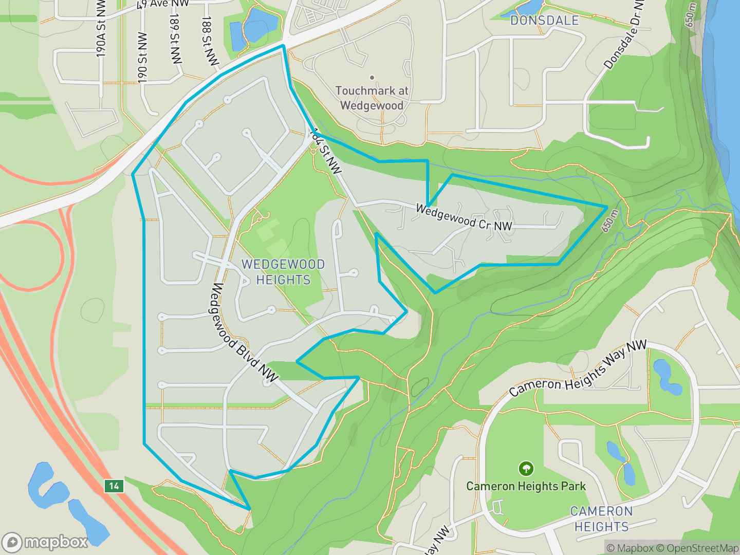 Map of Wedgewood Heights, Edmonton — neighbourhood boundary, parks and surrounding streets.