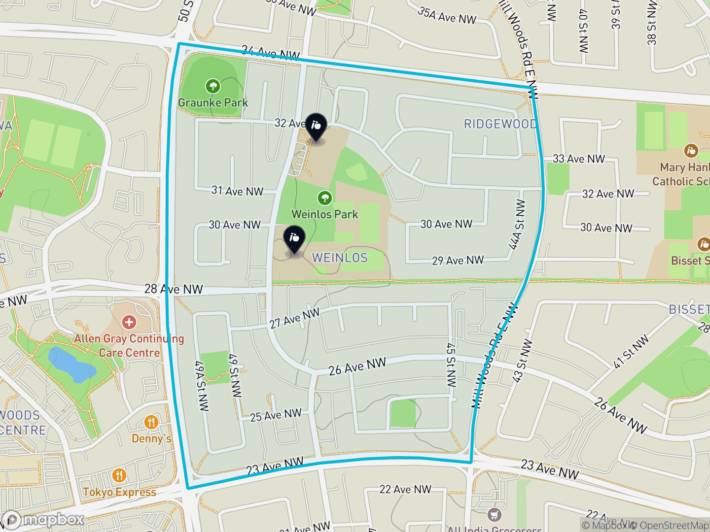 Map of Weinlos, Edmonton — neighbourhood boundary, 2 schools, parks and surrounding streets.