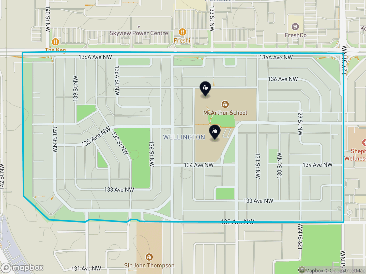 Map of Wellington, Edmonton — neighbourhood boundary, 2 schools, parks and surrounding streets.