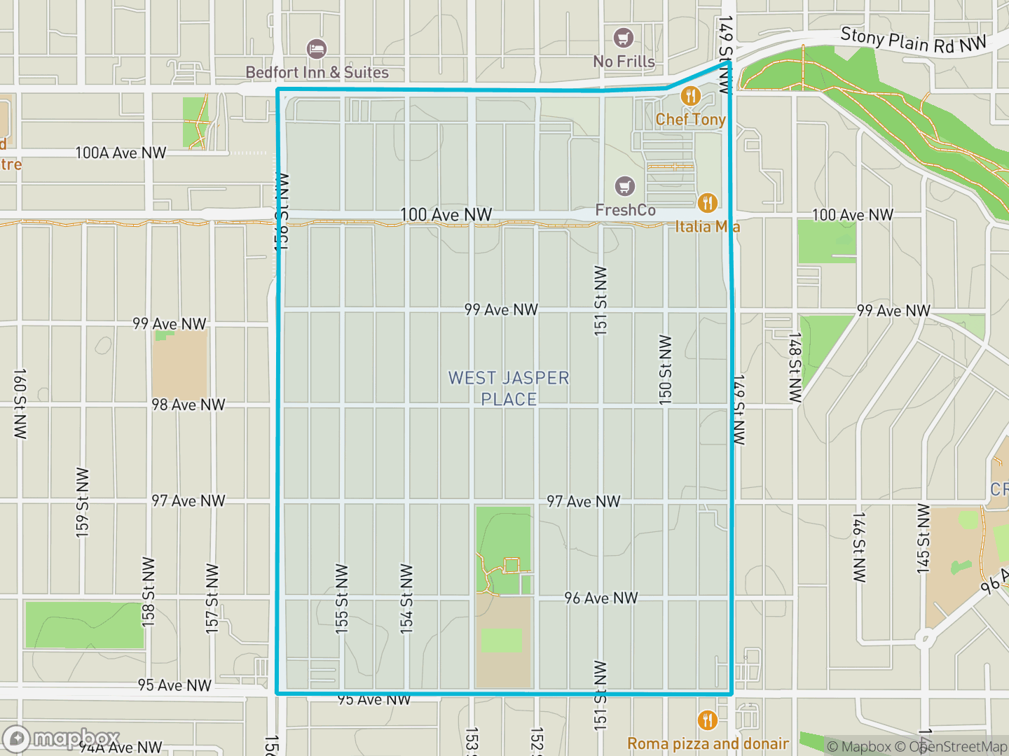 Map of West Jasper Place, Edmonton — neighbourhood boundary, parks and surrounding streets.