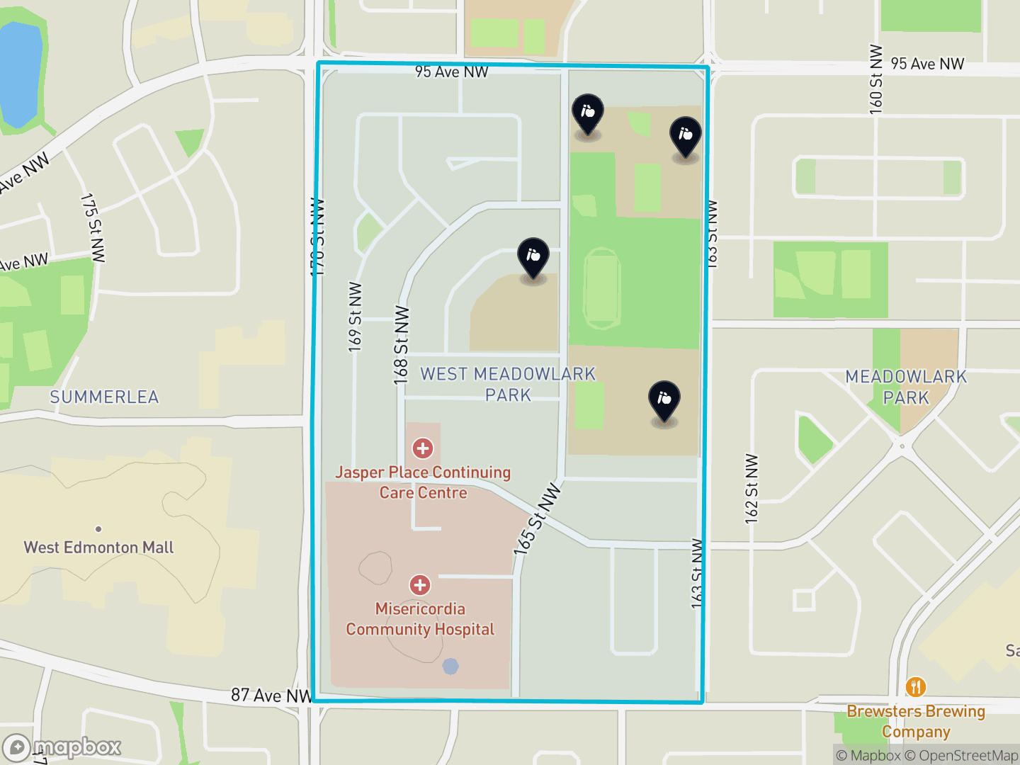 Map of West Meadowlark Park, Edmonton — neighbourhood boundary, 4 schools, parks and surrounding streets.