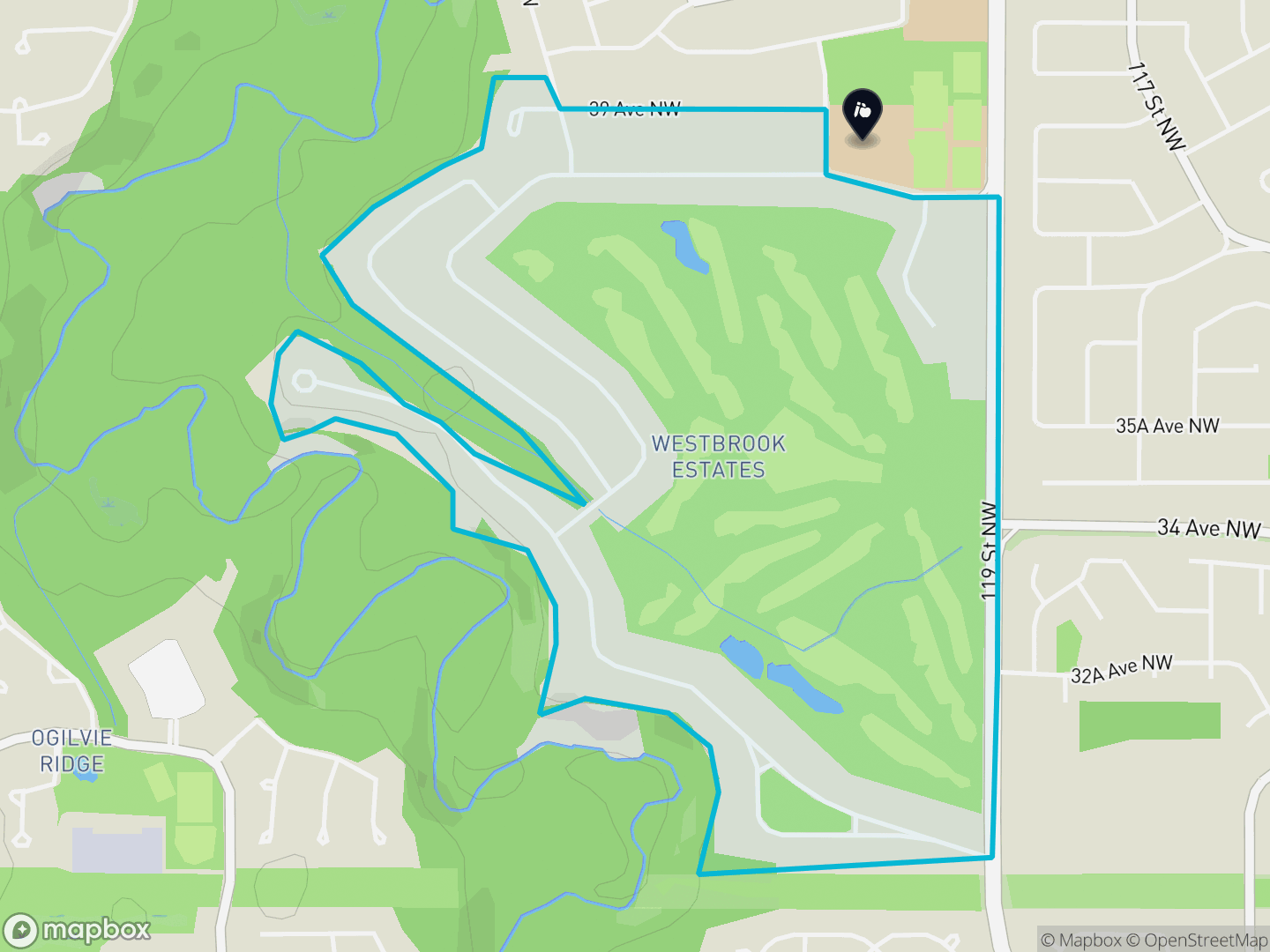 Map of Westbrook Estates, Edmonton — neighbourhood boundary, 1 school, parks and surrounding streets.