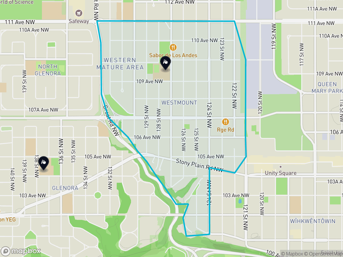 Map of Westmount, Edmonton — neighbourhood boundary, 2 schools, parks and surrounding streets.