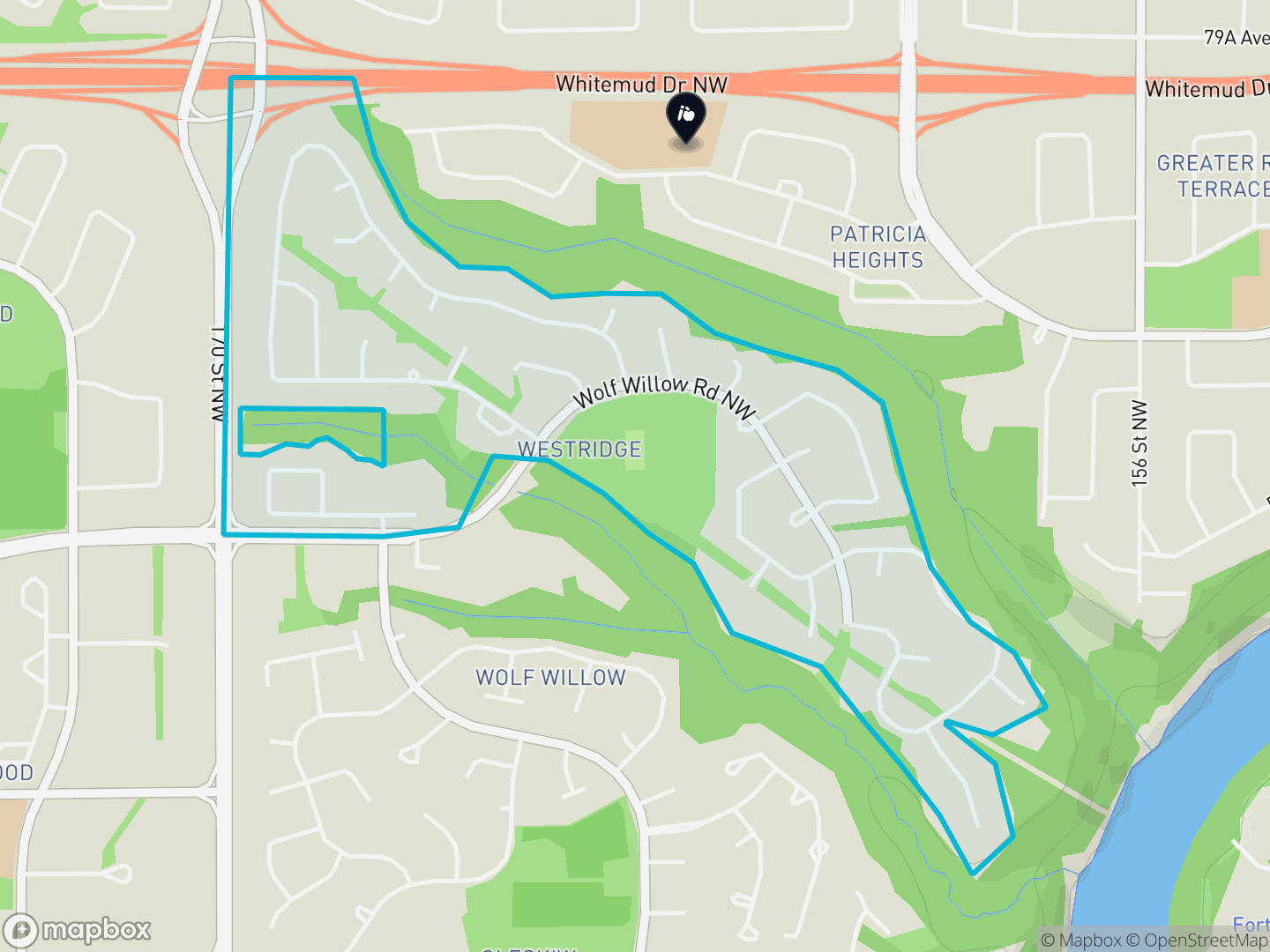 Map of Westridge, Edmonton — neighbourhood boundary, 1 school, parks and surrounding streets.