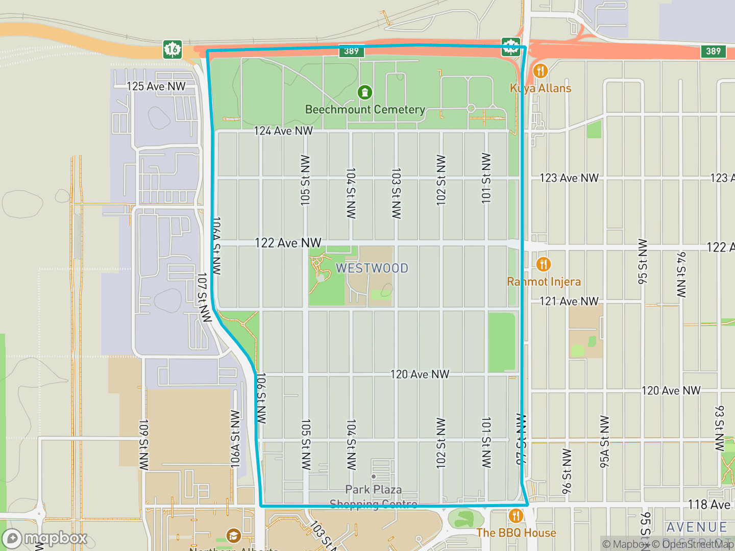 Map of Westwood, Edmonton — neighbourhood boundary, parks and surrounding streets.