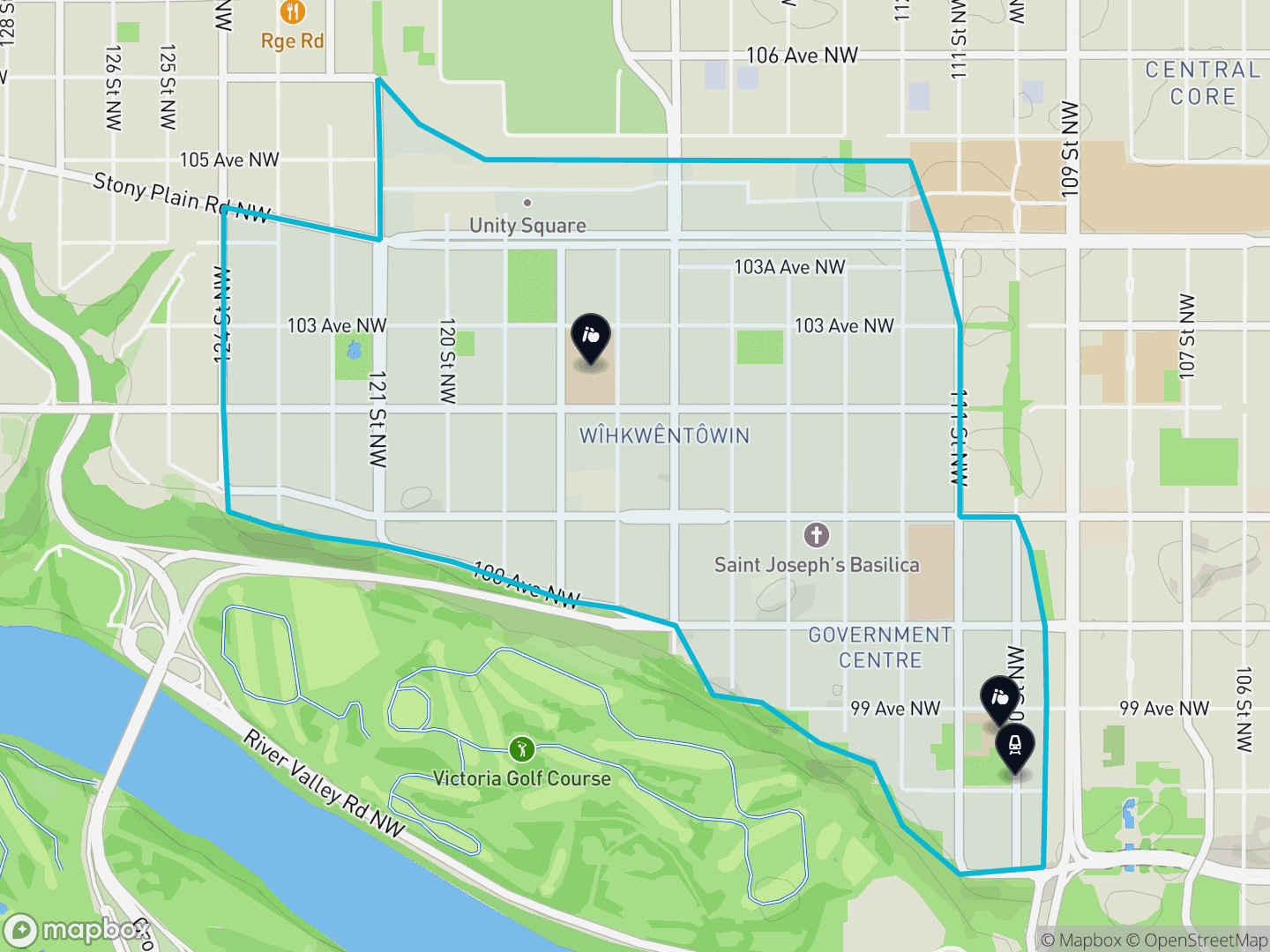 Map of Wîhkwêntôwin, Edmonton — neighbourhood boundary with 1 LRT station, 2 schools, parks and surrounding streets.