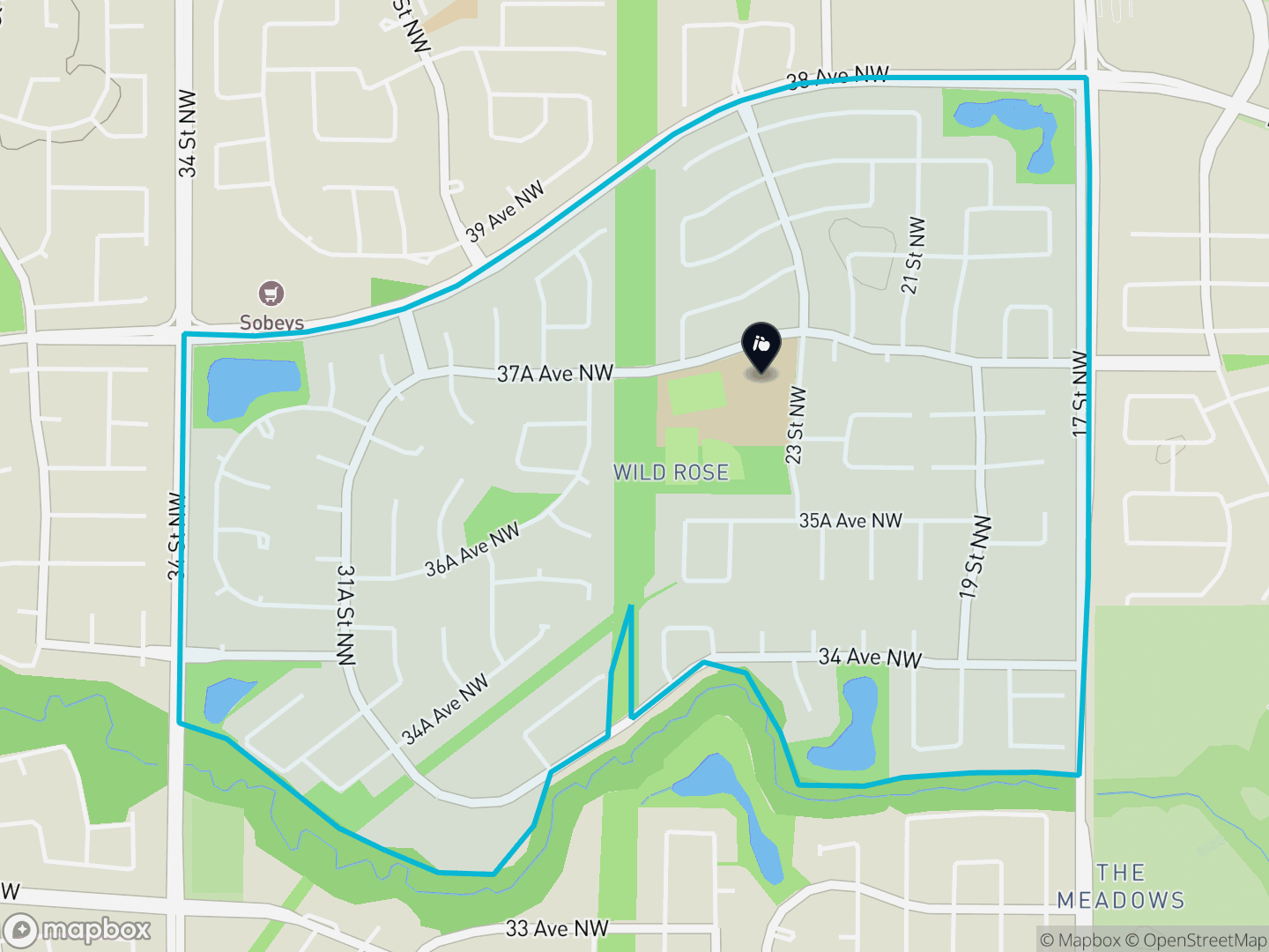 Map of Wild Rose, Edmonton — neighbourhood boundary, 1 school, parks and surrounding streets.
