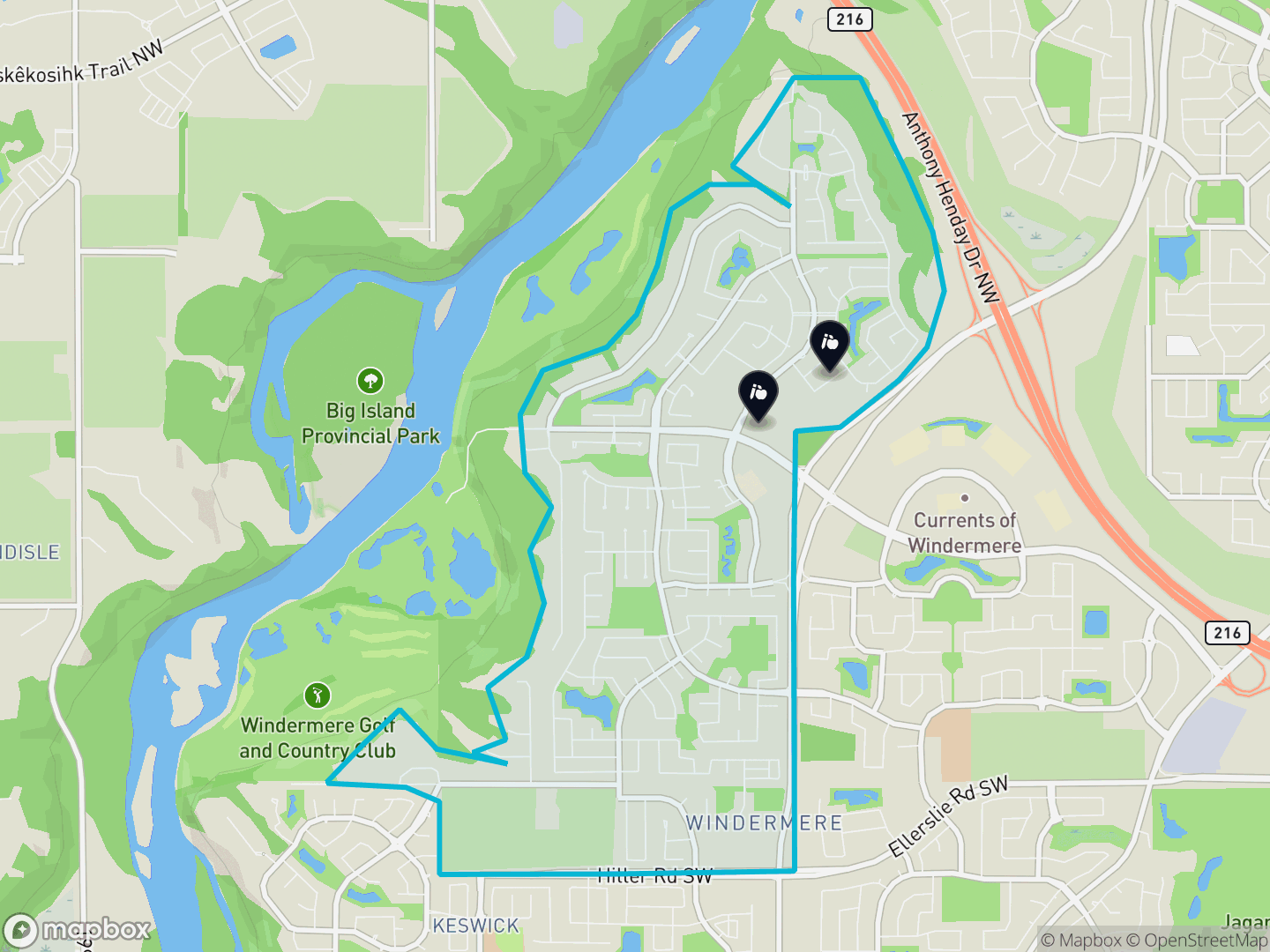 Map of Windermere, Edmonton — neighbourhood boundary, 2 schools, parks and surrounding streets.