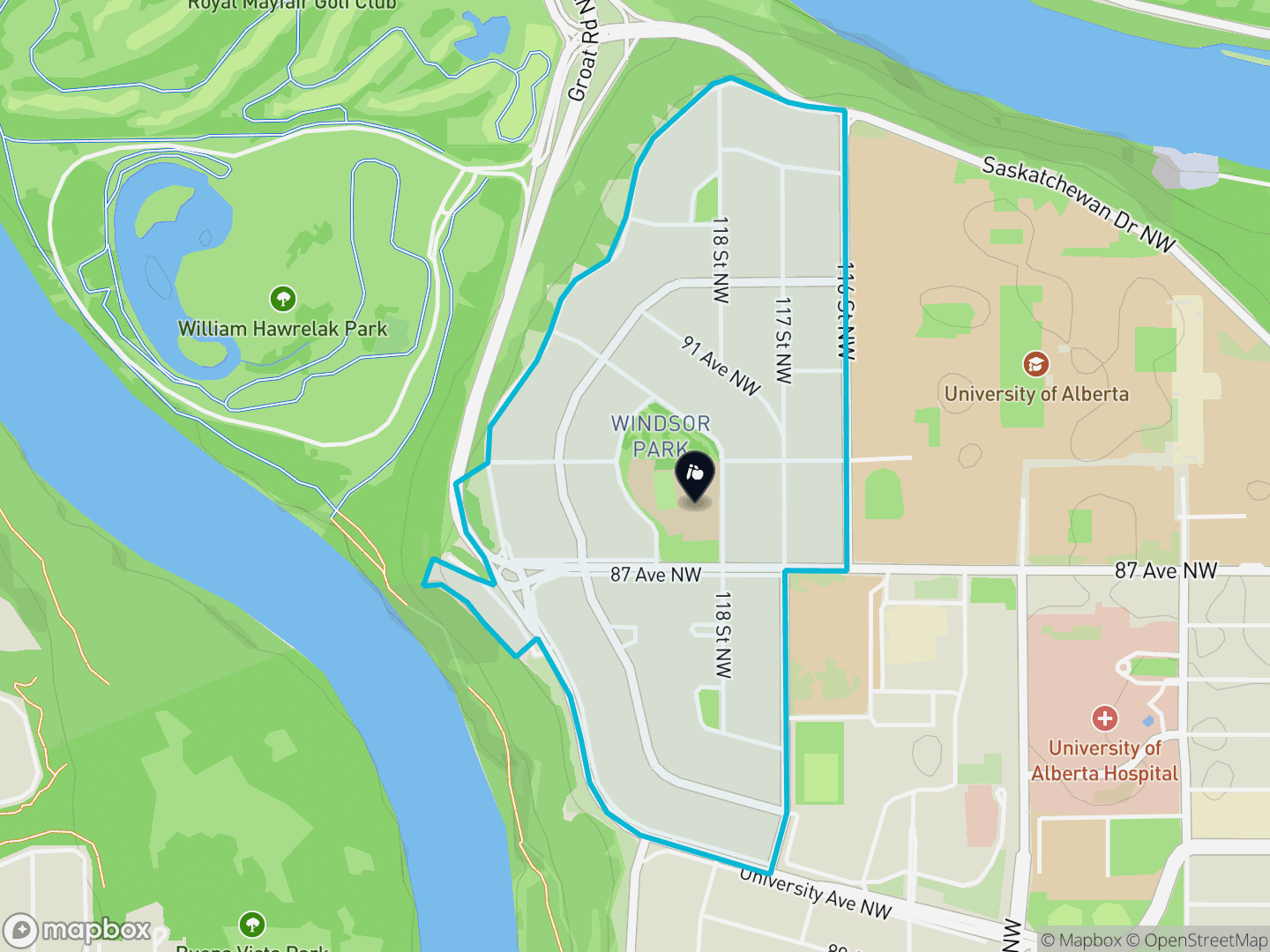 Map of Windsor Park, Edmonton — neighbourhood boundary, 1 school, parks and surrounding streets.