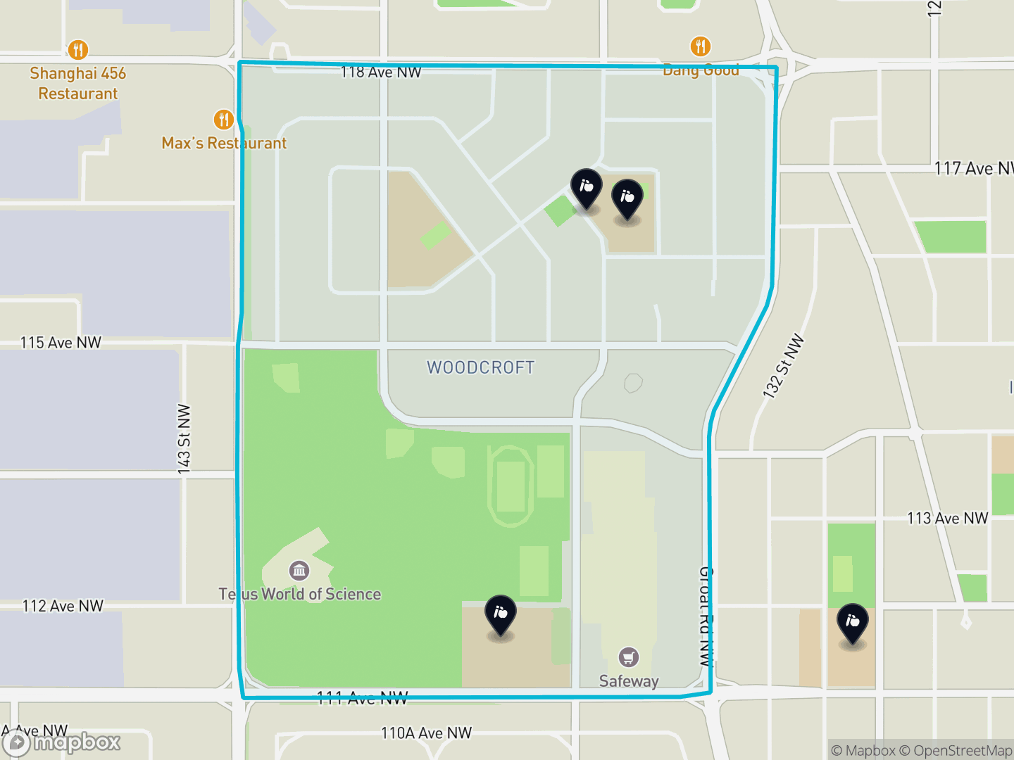 Map of Woodcroft, Edmonton — neighbourhood boundary, 4 schools, parks and surrounding streets.