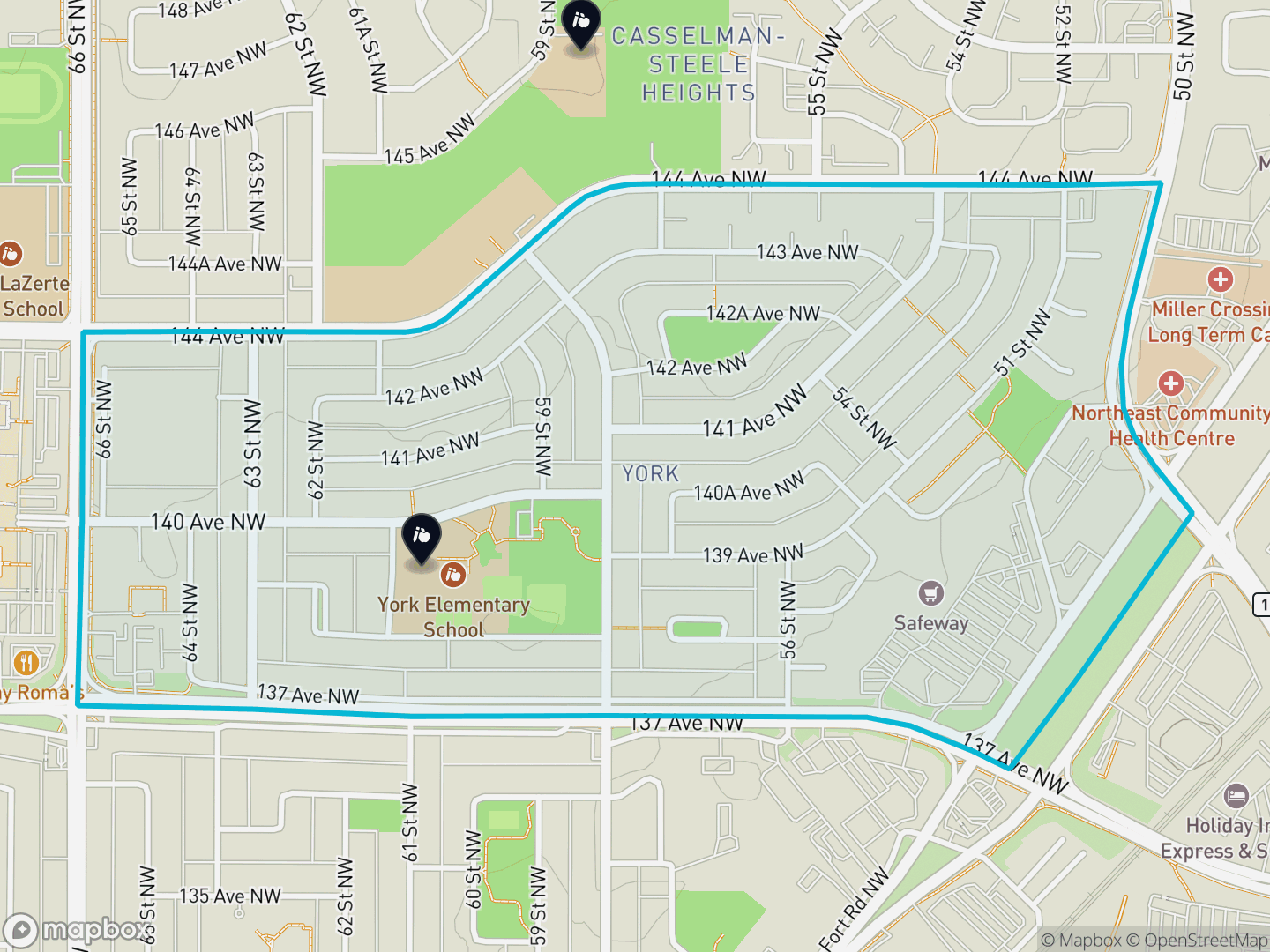 Map of York, Edmonton — neighbourhood boundary, 2 schools, parks and surrounding streets.